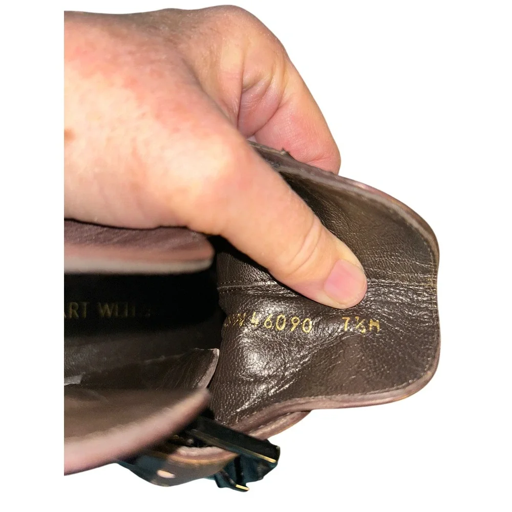 Stuart Weitzman Brown Leather Buckle Ankle Boots Pointed Toe Block Heel Size 8.5